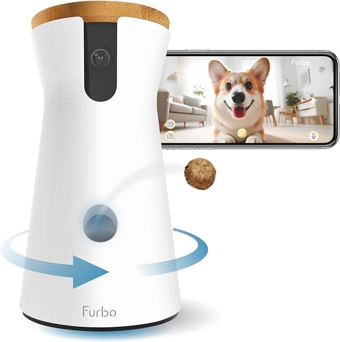 Furbo 360° Dog Camera: Pet Security Cam w/Barking Alerts, Rotating View, Treat Toss w/Phone App, Smart Home Puppy Monito