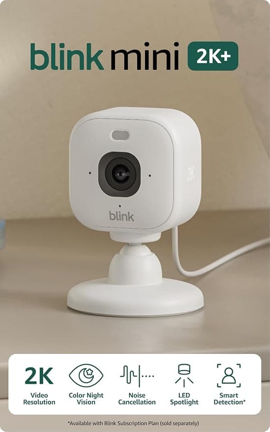Blink Mini 2K+ (newest model) – Plug-in Home & Pet Indoor Security Camera with 2K video resolution, night vision, enhanc